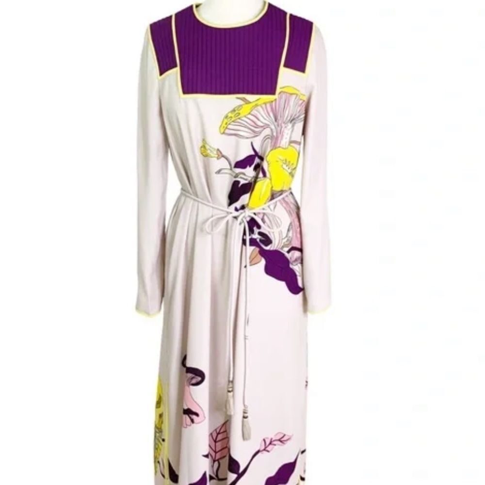 Tory burch mushroom Party Trapunto Floral Print Retro Glam Dress Tassel Belt 4 - Picture 13 of 16
